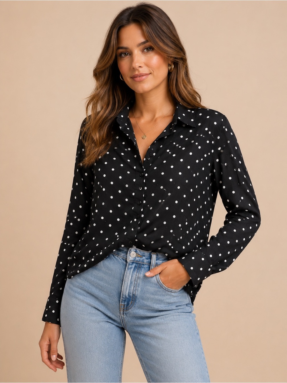 NWT A New Day Black White Polka Dot Button Front Blouse Top XS Rayon